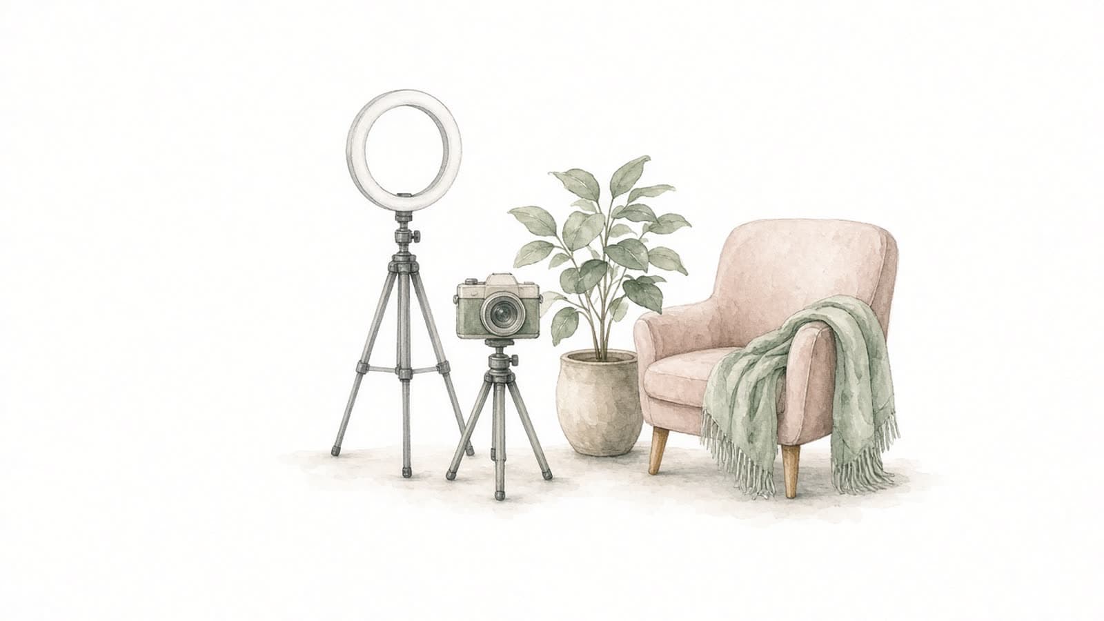 Ilustración en acuarela de una cámara en tripié y un aro de luz junto a una planta y un sillón con una manta doblada