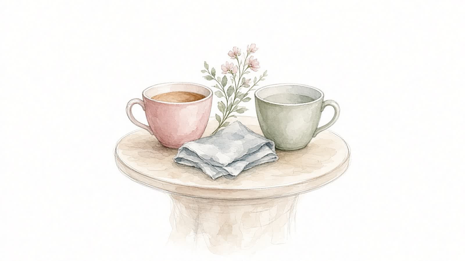 Ilustración en acuarela de dos tazas de café juntas sobre una mesa redonda con una servilleta doblada y unas flores entre ellas