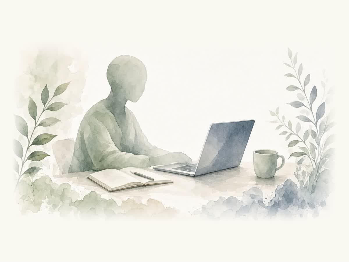 Ilustración en acuarela de una persona frente a su laptop en un escritorio con un cuaderno abierto, una taza y plantas a los lados