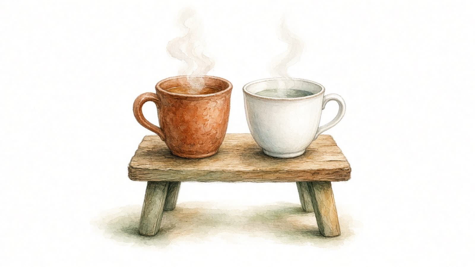 Ilustración en acuarela de dos tazas distintas lado a lado sobre una mesa de madera: una de barro y otra de porcelana blanca