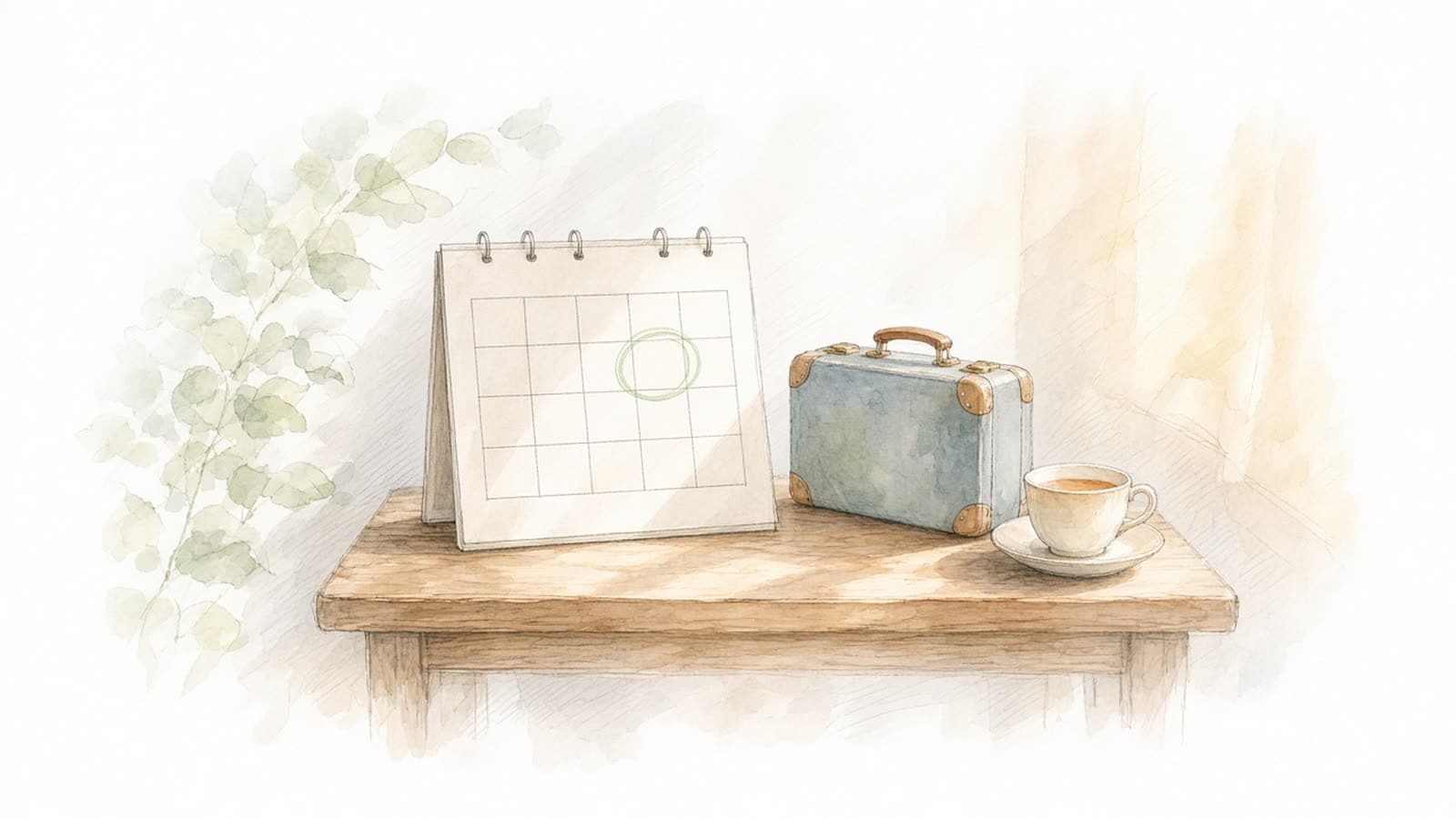 Ilustración en acuarela de un calendario de escritorio con una fecha marcada junto a una maleta pequeña y una taza de té sobre una mesa