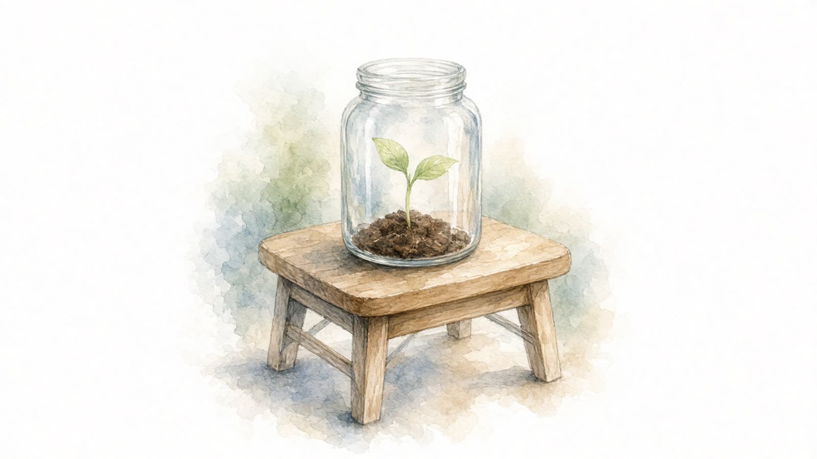 Ilustración en acuarela de un frasco de vidrio vacío con un pequeño brote verde que crece de un poco de tierra, sobre un banco de madera