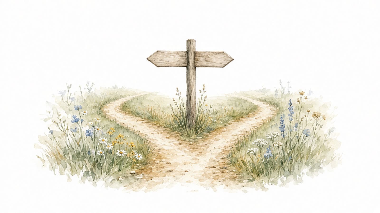Ilustración en acuarela de un camino de tierra que se divide en dos junto a un poste de madera con flechas sin letreros en un prado con flores