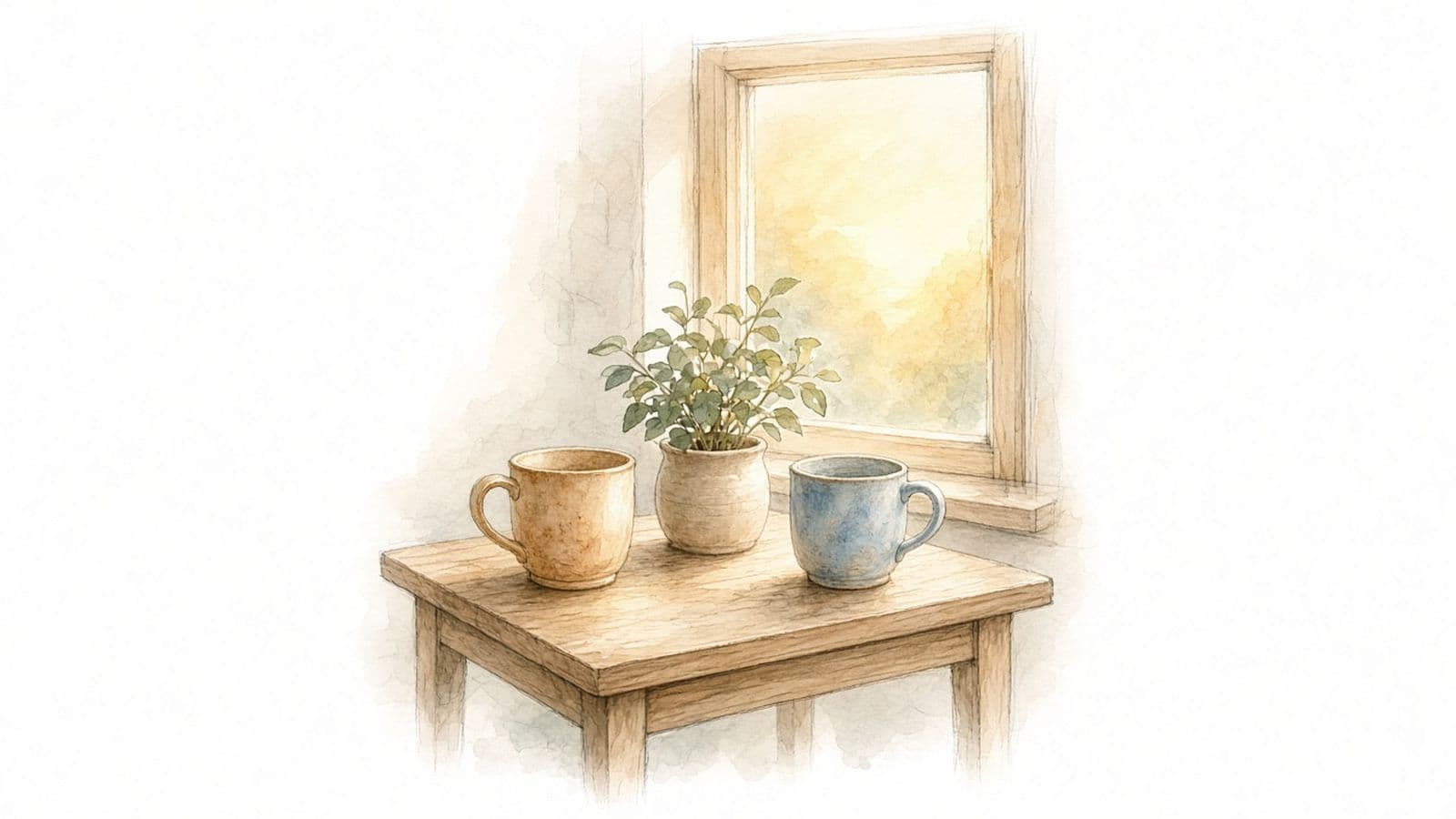 Acuarela de dos tazas con una planta pequeña entre ellas sobre una mesa de madera junto a una ventana con luz cálida de tarde