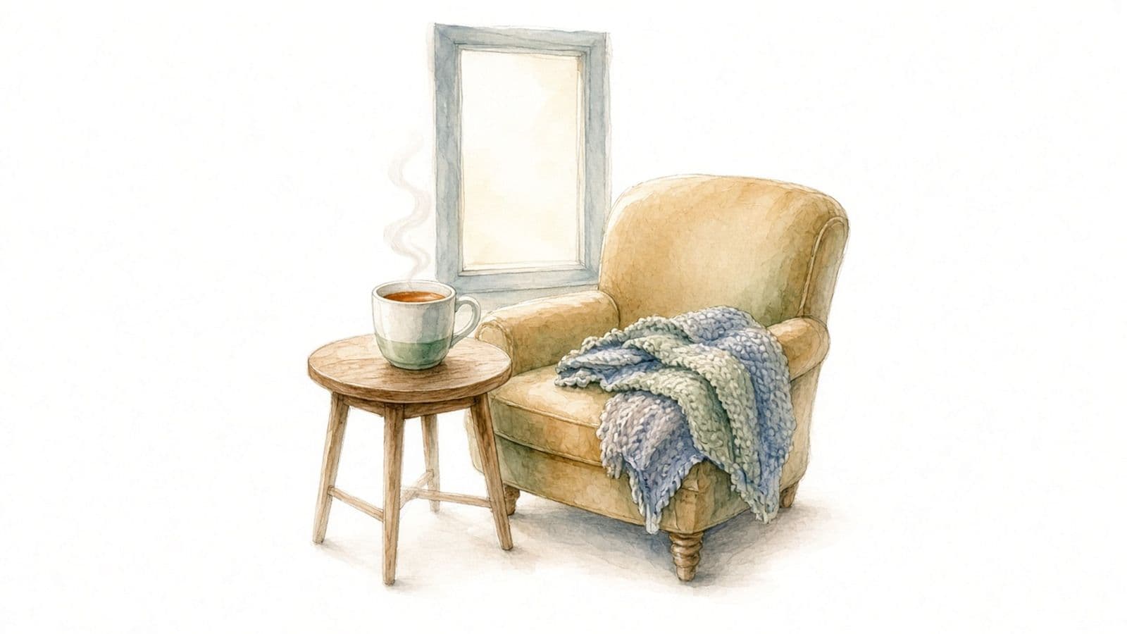 Acuarela de una taza de té humeante sobre una mesita junto a un sillón con una mantita tejida, al lado de una ventana con luz suave