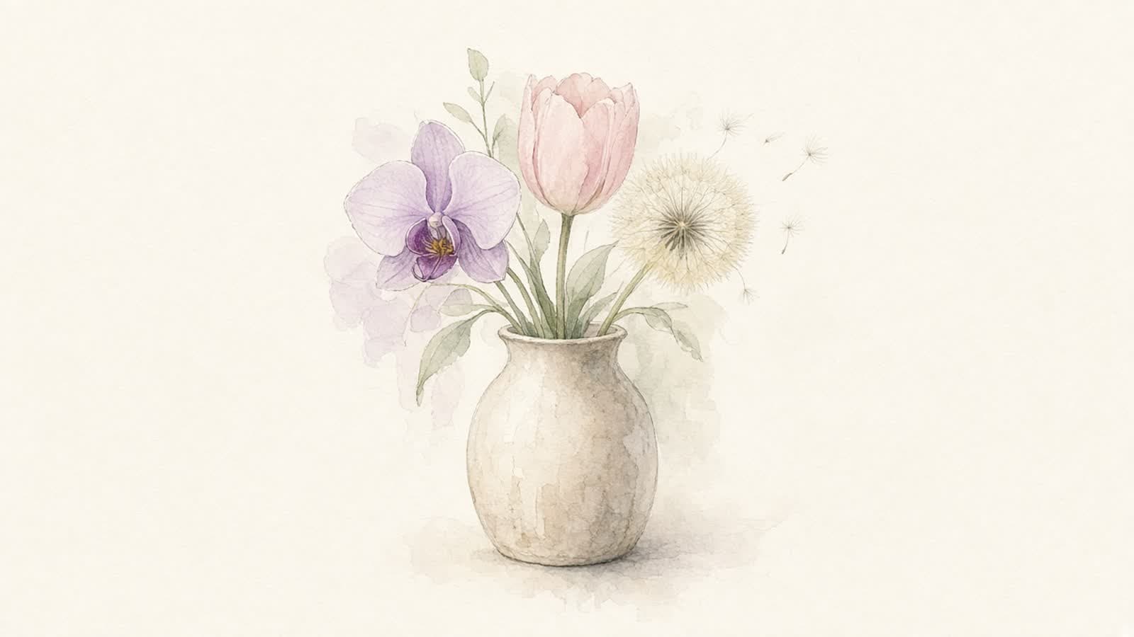 Ilustración en acuarela de una orquídea, un tulipán y un diente de león en un florero de cerámica sobre fondo crema