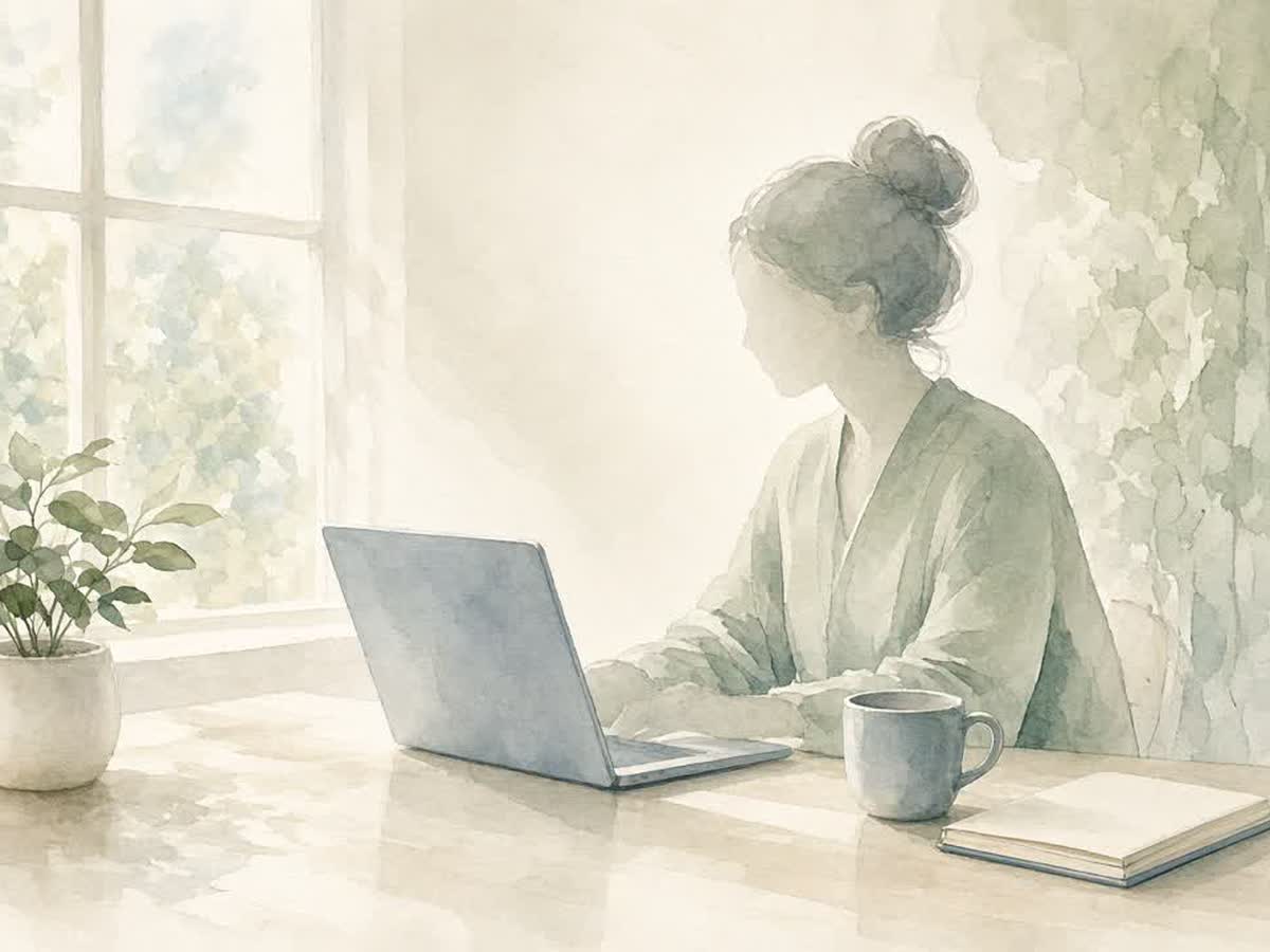 Acuarela de una mujer trabajando en su laptop junto a una ventana luminosa, con una planta, una taza y un cuaderno sobre la mesa