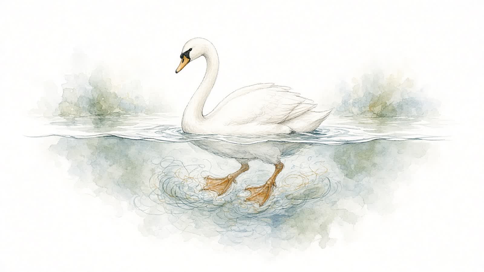 Ilustración en acuarela de un cisne que flota sereno en un estanque mientras, bajo el agua, sus patas se mueven sin parar