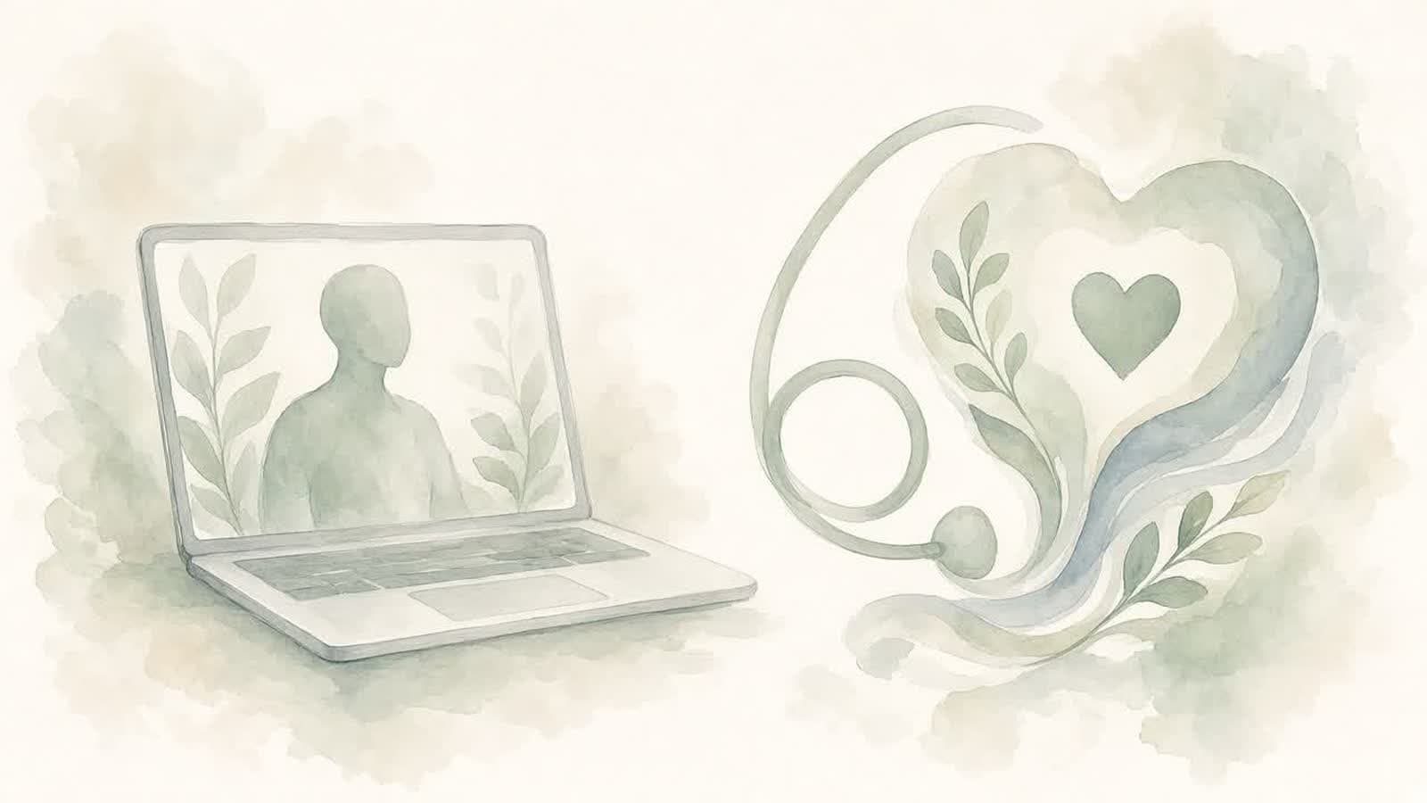 Ilustración en acuarela de una laptop con una persona en videollamada junto a un estetoscopio que forma un corazón rodeado de hojas