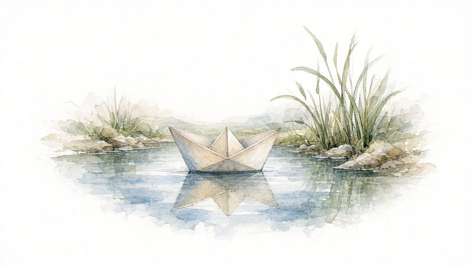 Ilustración en acuarela de un barco de papel que flota en un estanque tranquilo y se refleja, algo borroso, en el agua