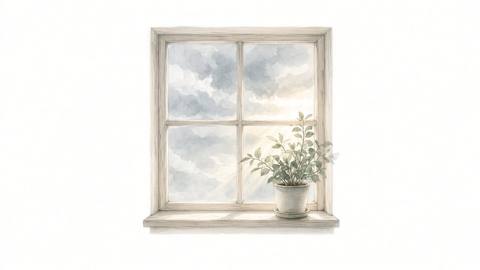 Ilustración en acuarela de una ventana con cielo nublado y una planta en el alféizar que recibe una franja de luz cálida entre las nubes
