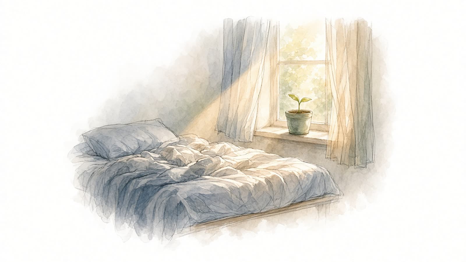Ilustración en acuarela de una cama deshecha junto a una ventana con luz de mañana y un pequeño brote en una maceta