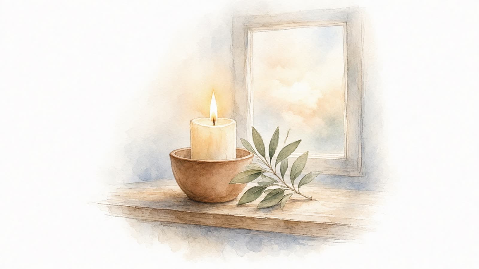 Ilustración en acuarela de una vela encendida en un cuenco de barro junto a una ramita de olivo en el borde de una ventana