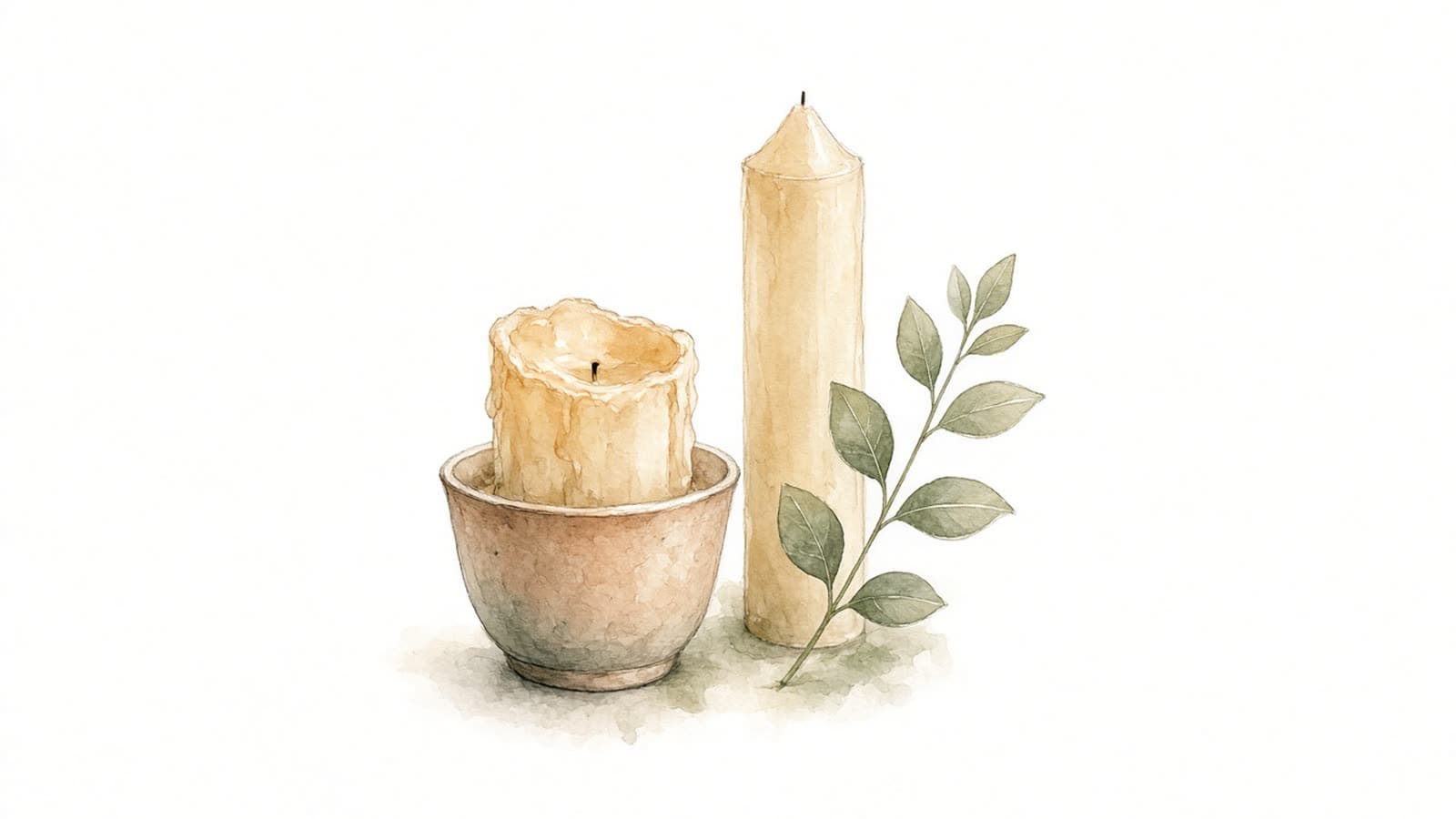 Ilustración en acuarela de una vela casi consumida en un cuenco junto a una vela nueva y una ramita de hojas verdes