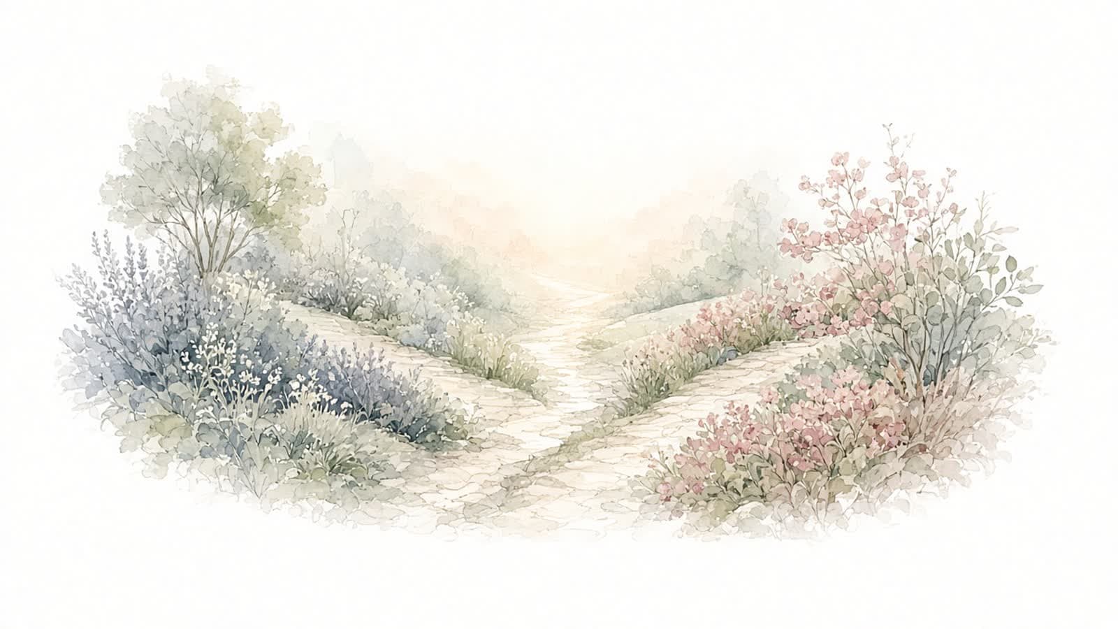 Ilustración en acuarela de un sendero que se divide en varios caminos con distintas plantas, todos hacia la misma luz cálida