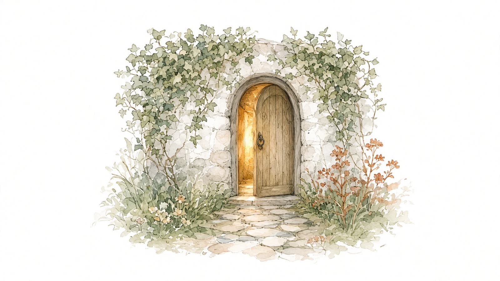 Ilustración en acuarela de una puerta de madera entreabierta en un muro de piedra con hiedra, con luz cálida y un camino de piedras hacia ella