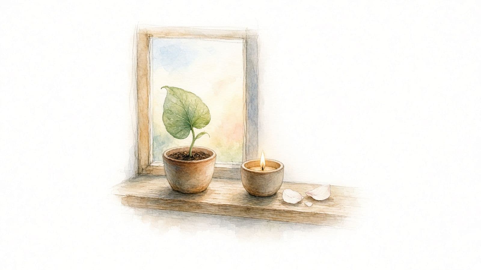 Ilustración en acuarela de una planta pequeña con una hoja nueva y una vela encendida en el borde de una ventana con luz suave