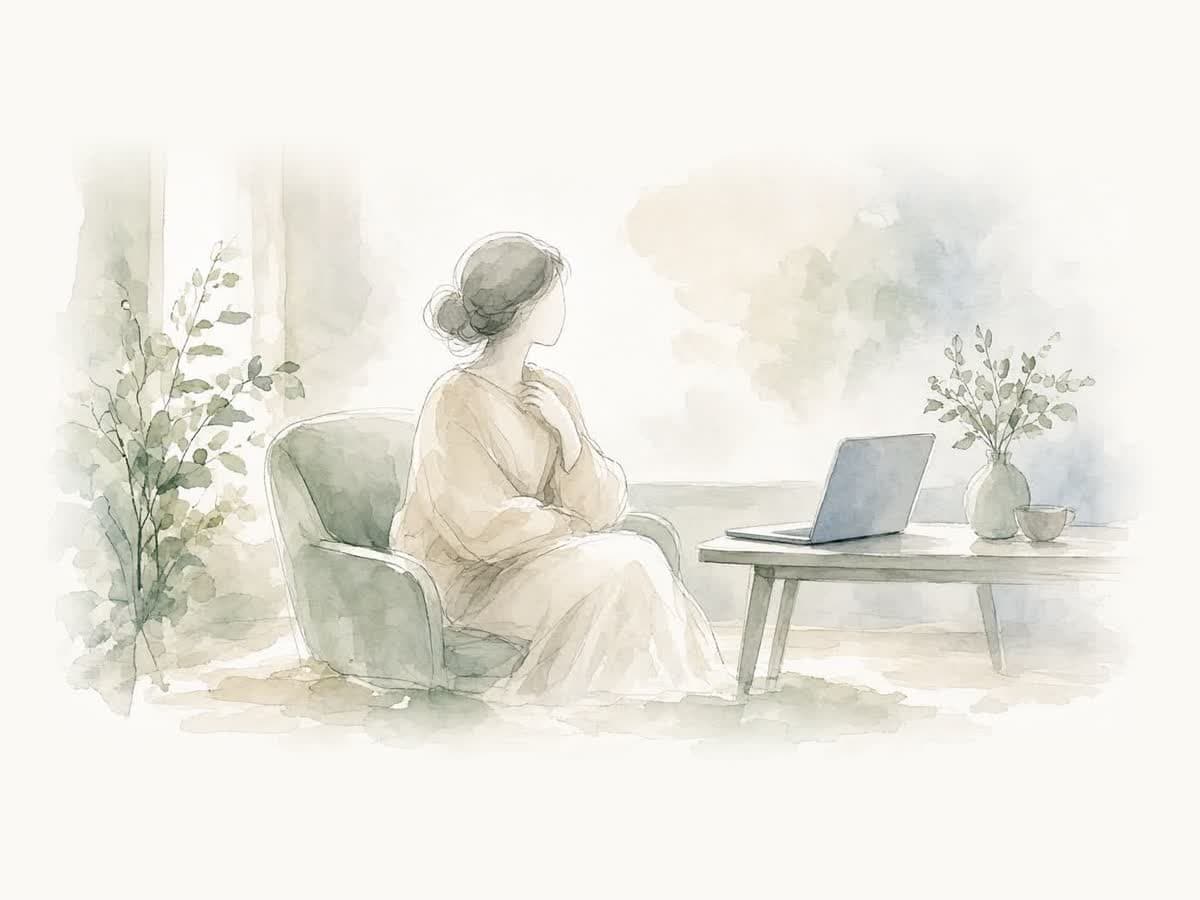 Acuarela de una mujer sentada en un sillón con la mano en el pecho, mirando por la ventana, junto a una mesa con laptop y un florero