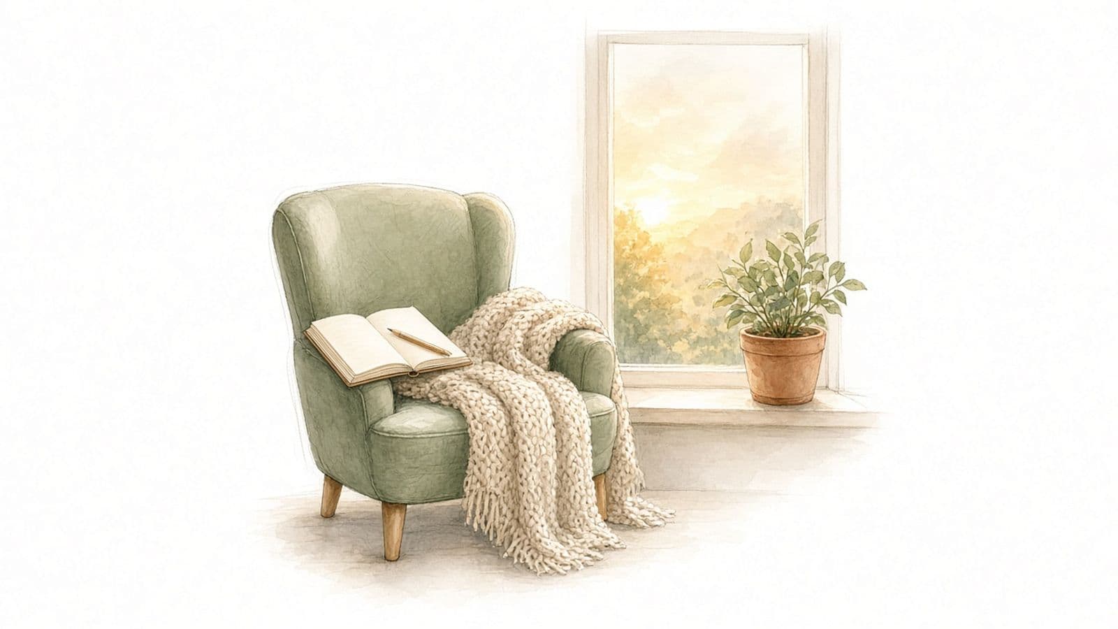 Ilustración en acuarela de un sillón verde con una cobija tejida y un cuaderno abierto junto a una ventana con luz de tarde y una planta