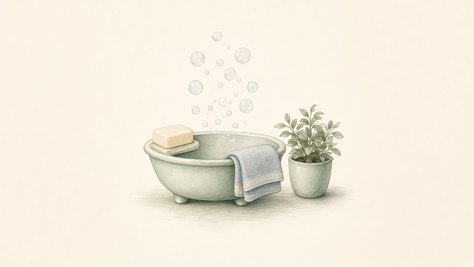 Ilustración en acuarela de un lavabo con jabón, toalla doblada y una planta, con burbujas que se elevan en calma sobre fondo crema