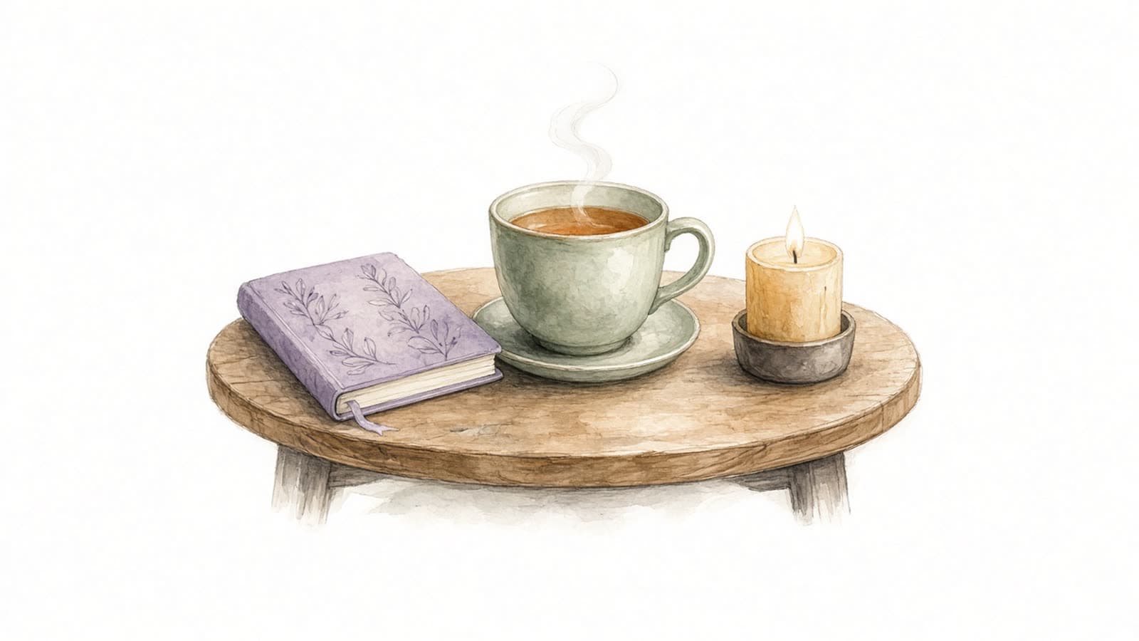 Ilustración en acuarela de una taza de té humeante junto a un cuaderno cerrado y una vela encendida sobre una mesa de madera