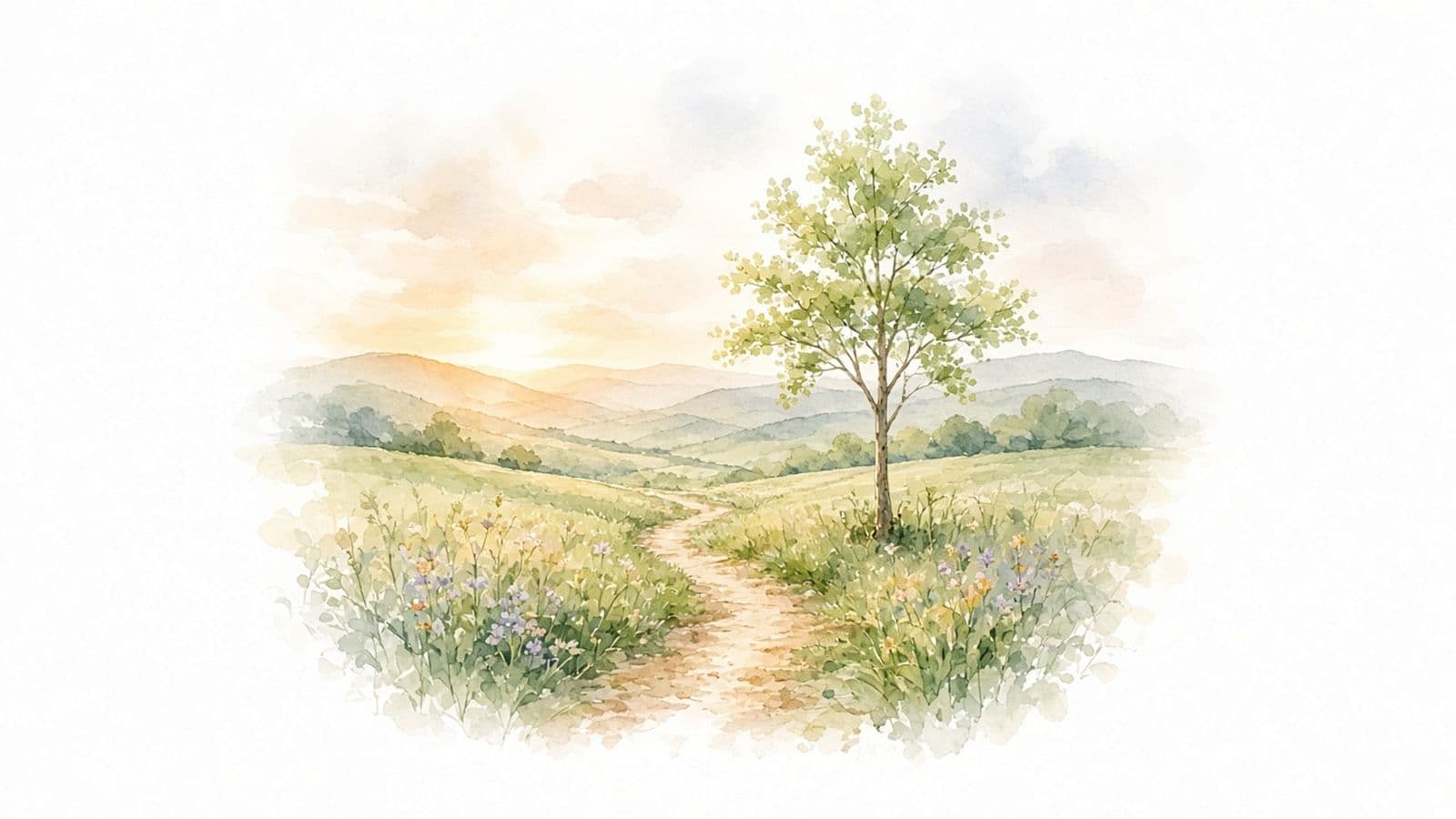 Ilustración en acuarela de un sendero de tierra entre pasto y flores silvestres, junto a un árbol joven, hacia unas colinas con luz de mañana