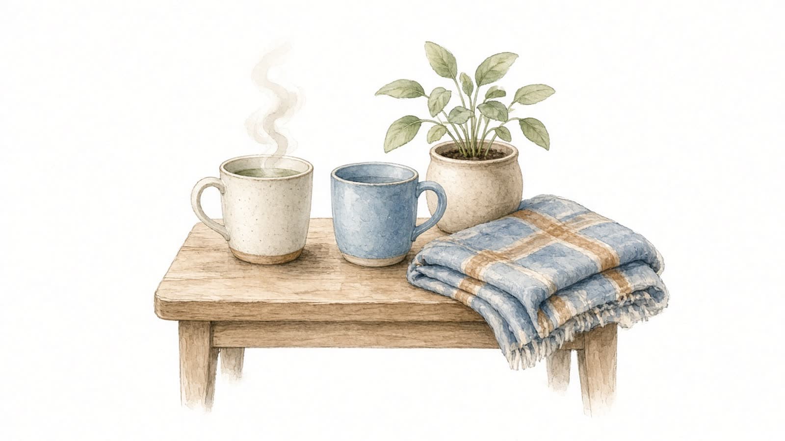 Ilustración en acuarela de dos tazas sobre una mesita de madera junto a una manta doblada y una planta verde, sobre fondo blanco