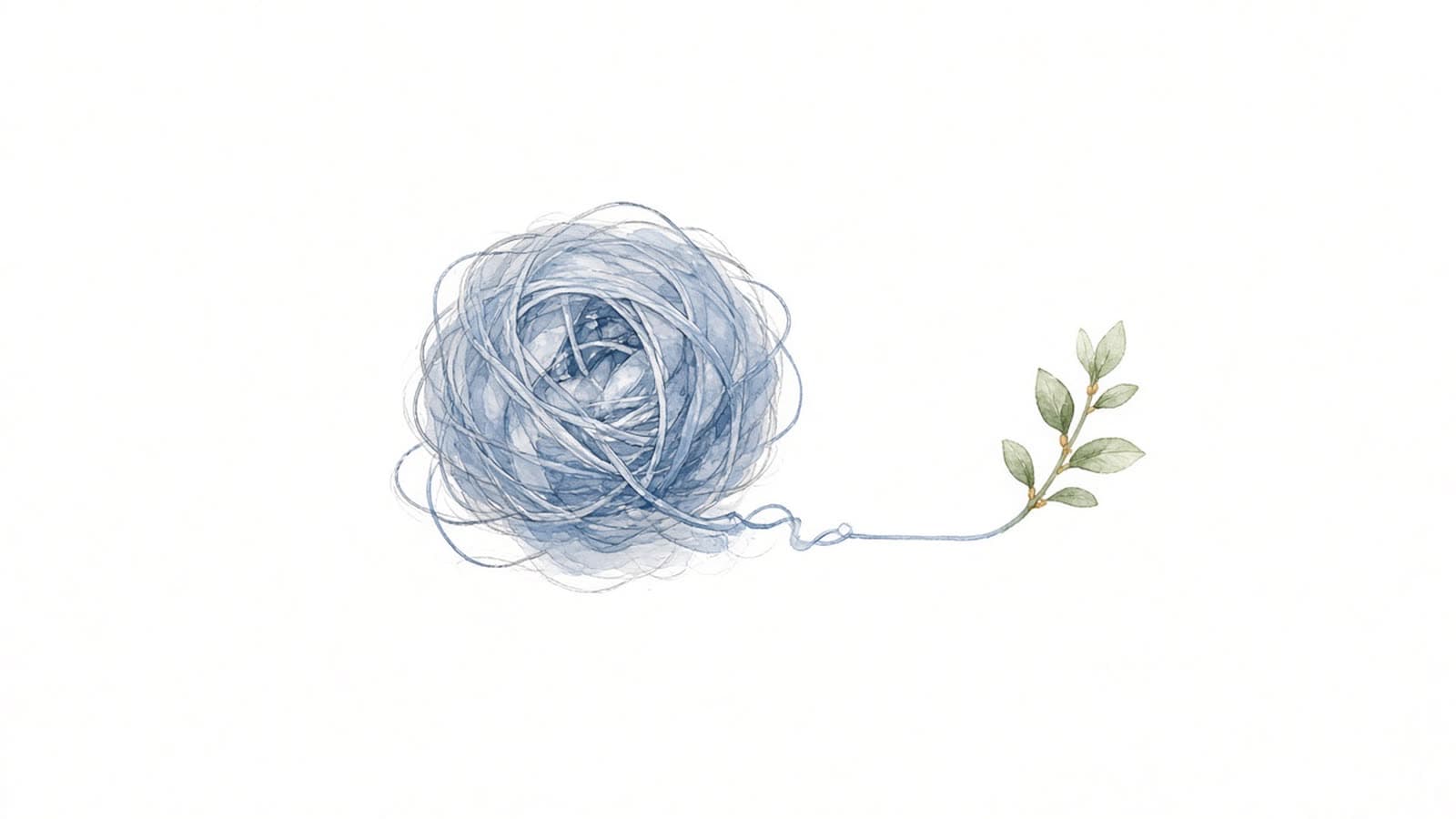 Ilustración en acuarela de un ovillo de estambre azul enredado cuyo hilo se endereza y termina en una ramita verde sobre fondo blanco