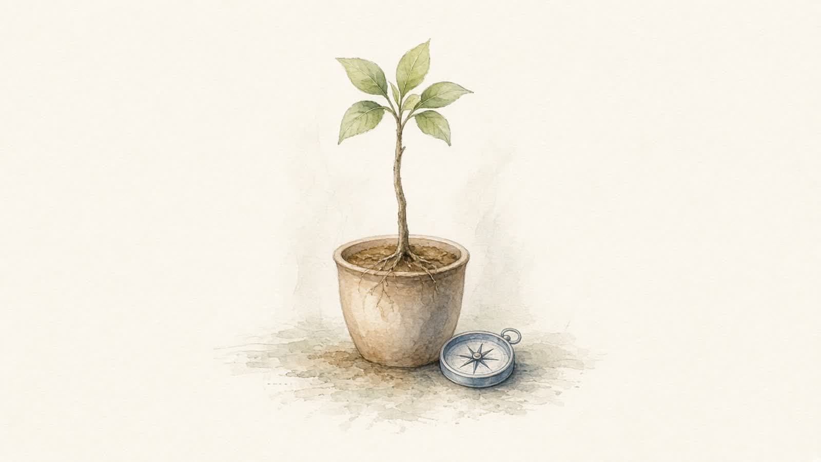 Ilustración en acuarela de un árbol joven con raíces visibles en una maceta de barro y una pequeña brújula a su lado