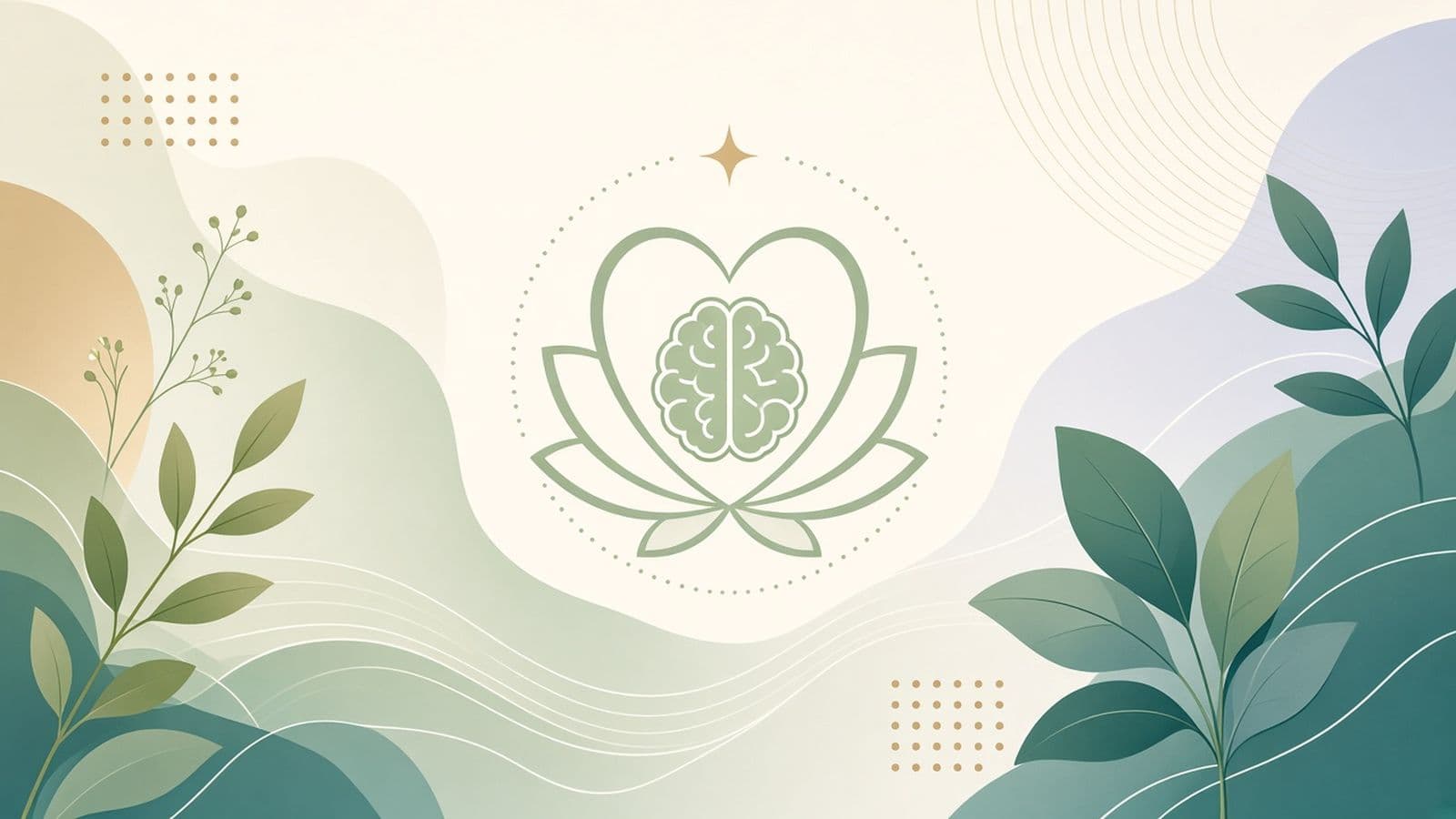 Ilustración de un corazón con un cerebro al centro, rodeado de hojas verdes sobre un fondo crema suave