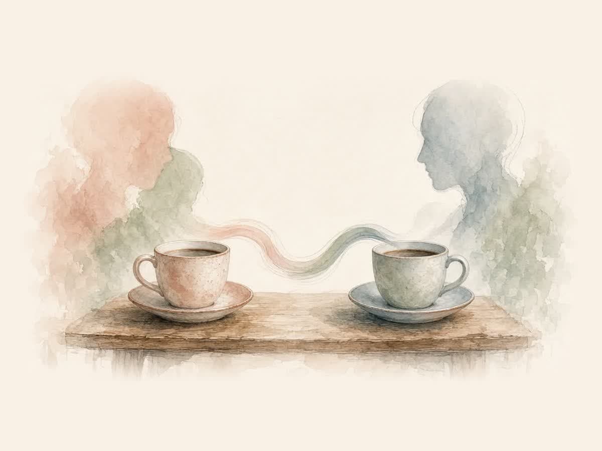 Ilustración en acuarela de dos tazas de café sobre una mesa, unidas por una línea suave, con dos siluetas sin rostro al fondo