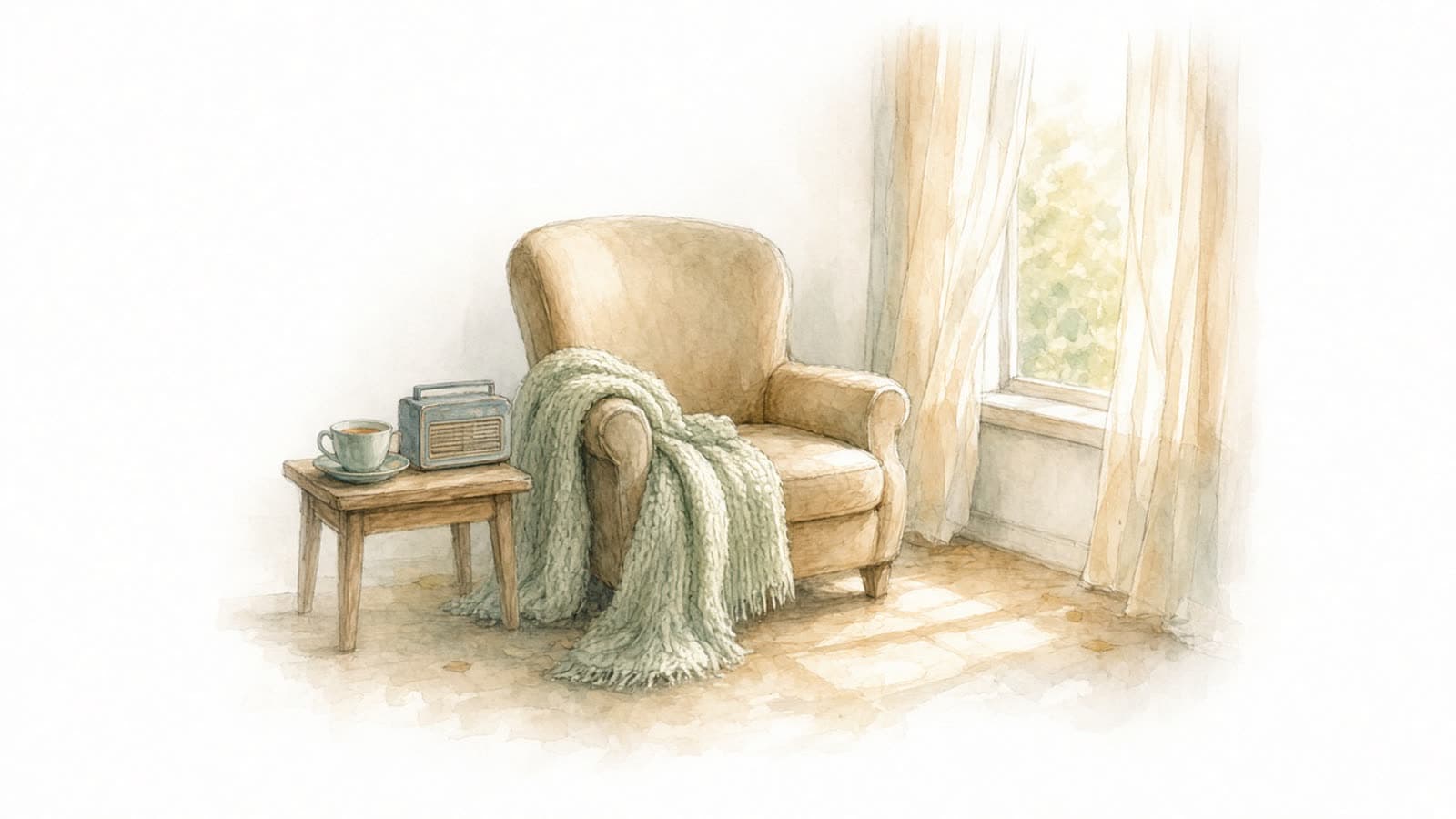 Ilustración en acuarela de un sillón vacío con una cobija tejida junto a una mesita con una taza y un radio viejo, cerca de una ventana con cortinas