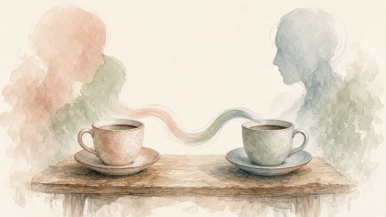 Ilustración en acuarela de dos tazas de café sobre una mesa, unidas por una línea suave, con dos siluetas sin rostro al fondo