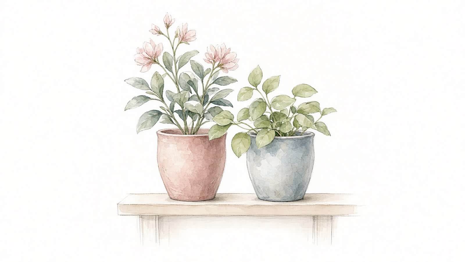 Ilustración en acuarela de dos plantas en macetas juntas sobre un estante, una con flores rosas y la otra con hojas verdes nuevas