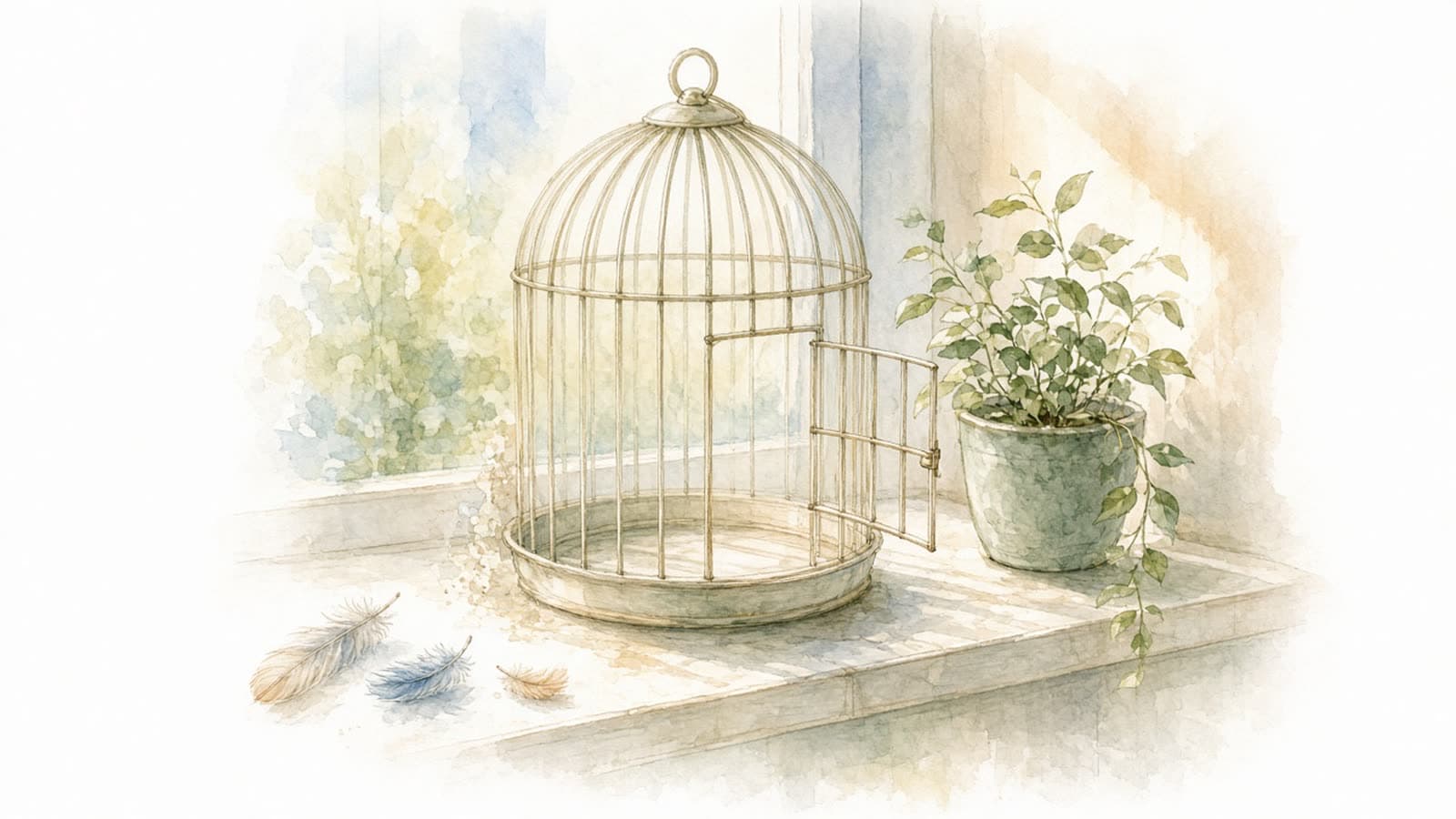 Ilustración en acuarela de una jaula vacía con la puerta abierta en el borde de una ventana soleada, junto a unas plumas y una planta