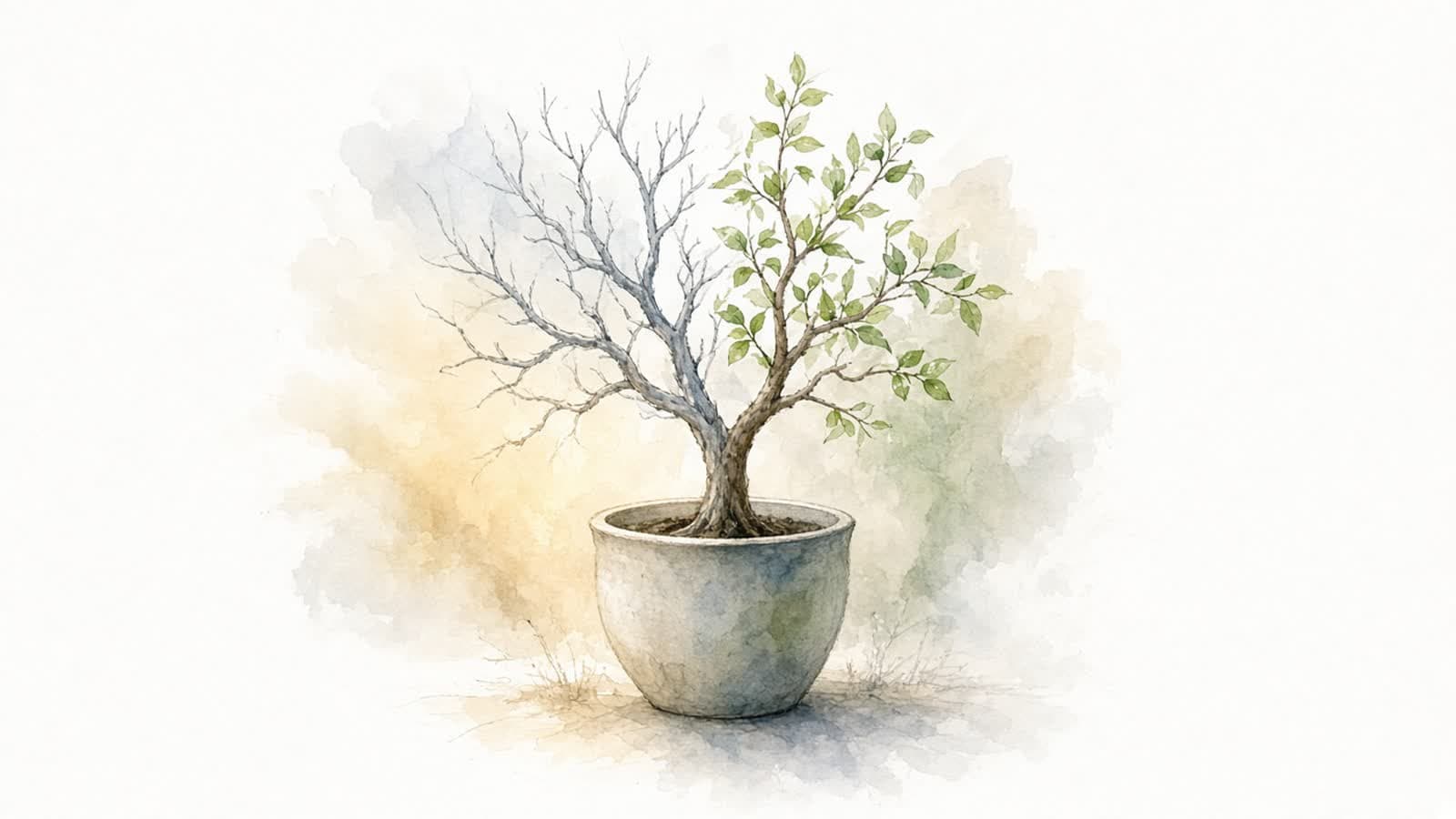 Ilustración en acuarela de un árbol joven en maceta con ramas desnudas en tonos grises y algunas hojas verdes que reciben luz cálida