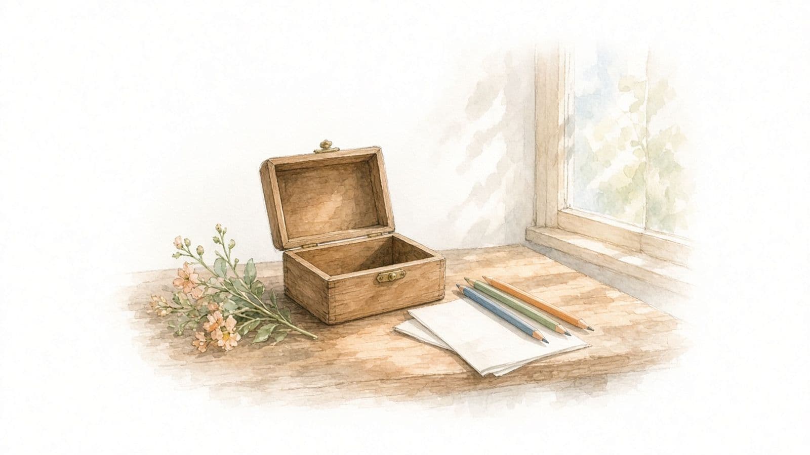 Ilustración en acuarela de una caja de recuerdos de madera abierta con lápices de colores, una hoja doblada y flores junto a una ventana