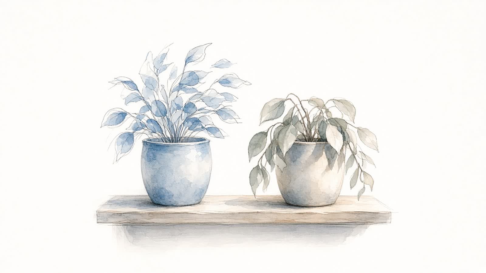 Ilustración en acuarela de dos plantas en una repisa, una con hojas agitadas por el viento y otra con hojas caídas, bajo la misma luz suave