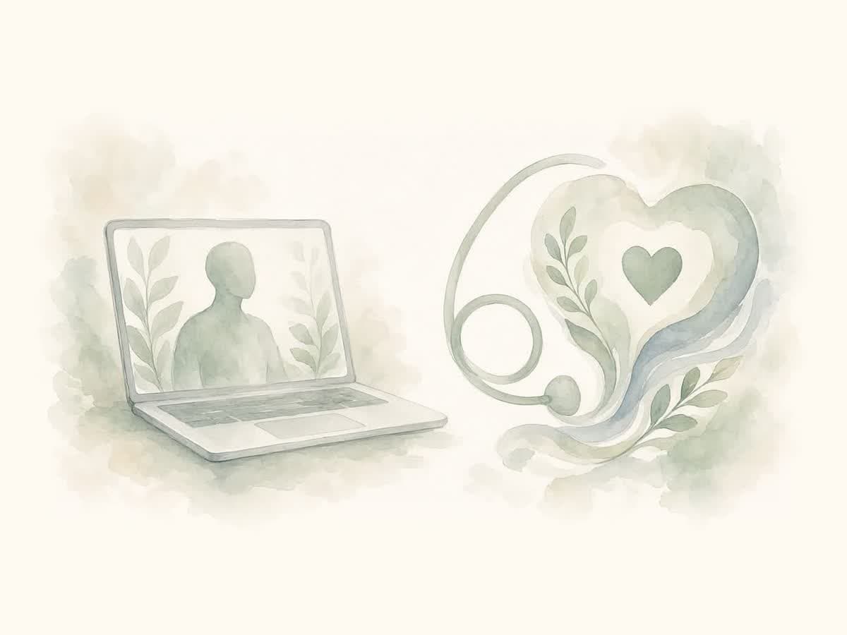 Ilustración en acuarela de una laptop con una persona en videollamada junto a un estetoscopio que forma un corazón rodeado de hojas