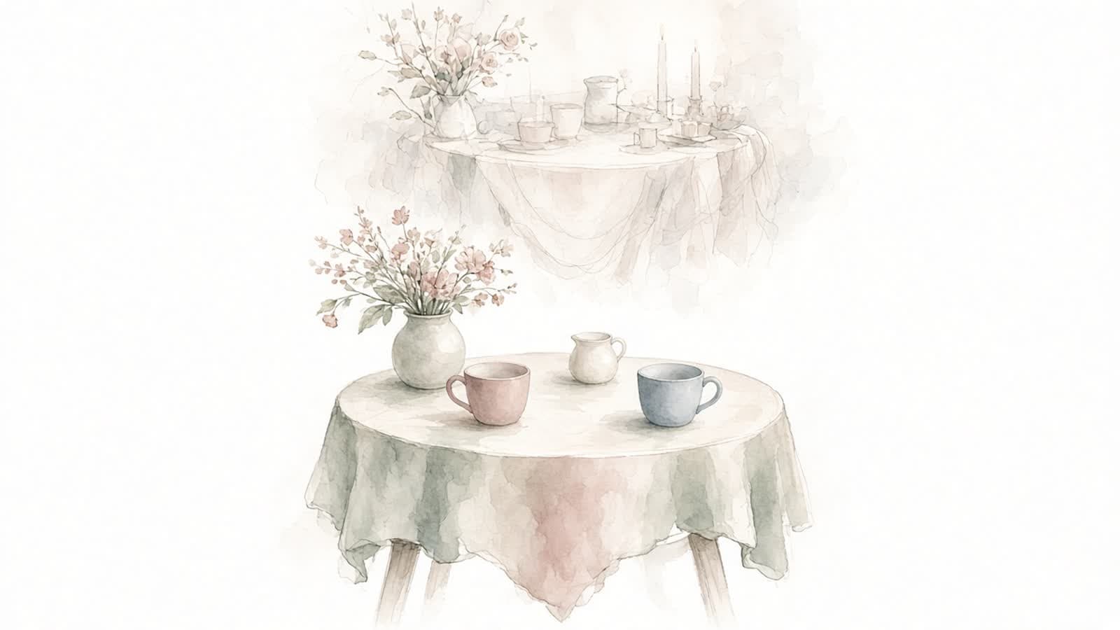 Ilustración en acuarela de una mesa sencilla para dos con un boceto idealizado de la misma escena, con flores y velas, flotando arriba