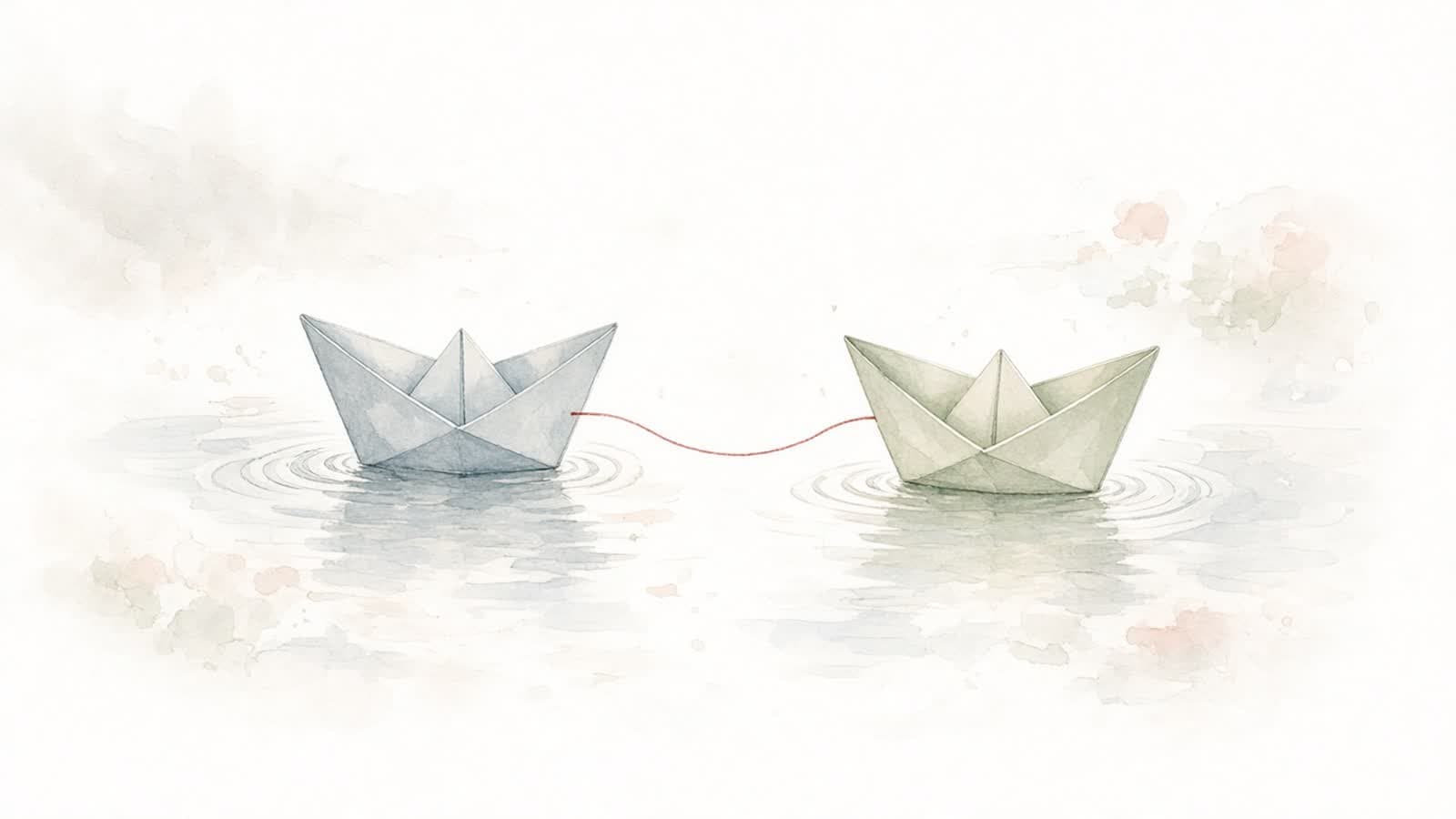 Ilustración en acuarela de dos barquitos de papel separados en el agua y unidos por un hilo rojo delgado