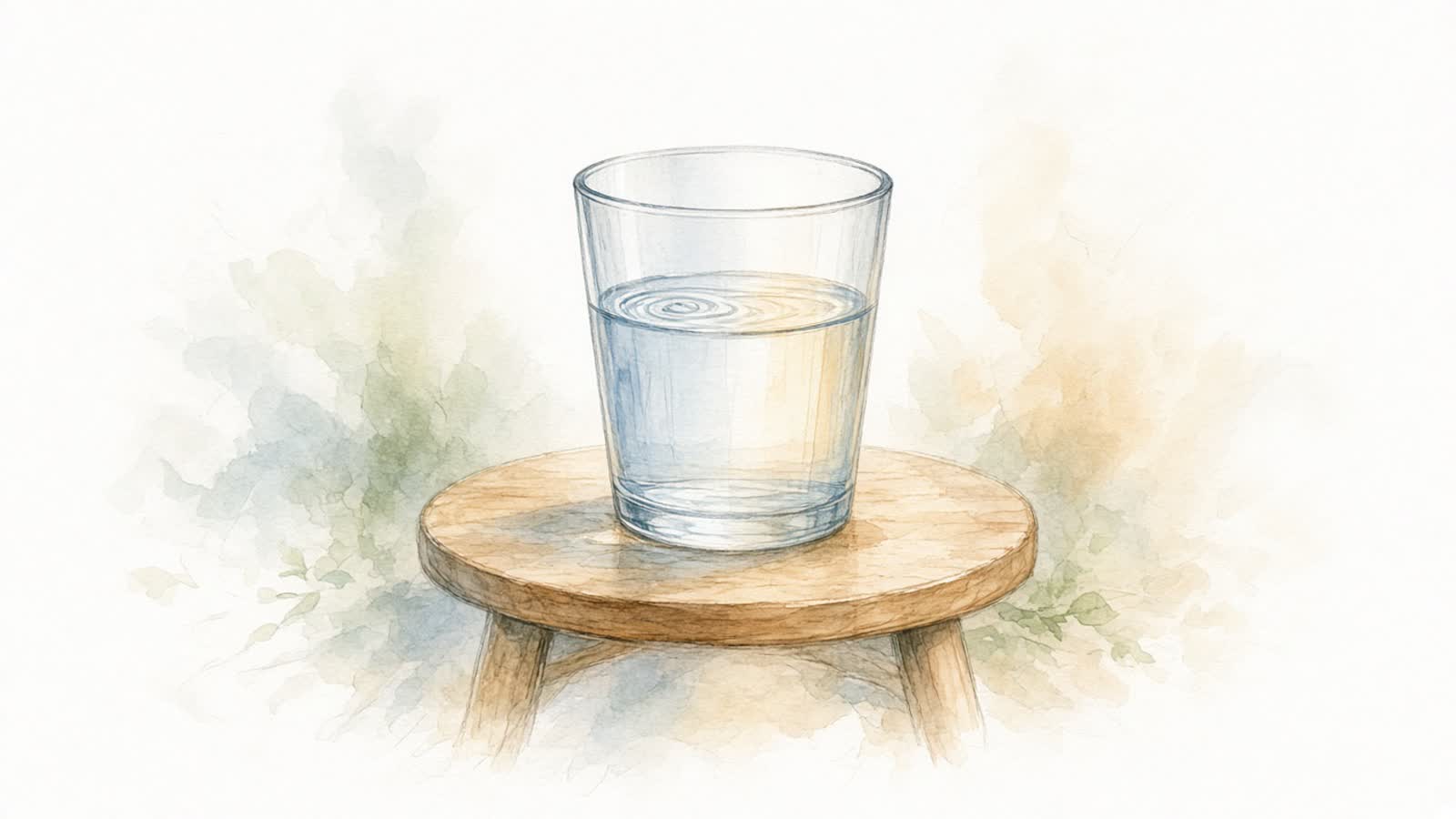 Ilustración en acuarela de un vaso de agua sobre una mesa, con la superficie agitada de un lado y en calma del otro, bajo una luz cálida