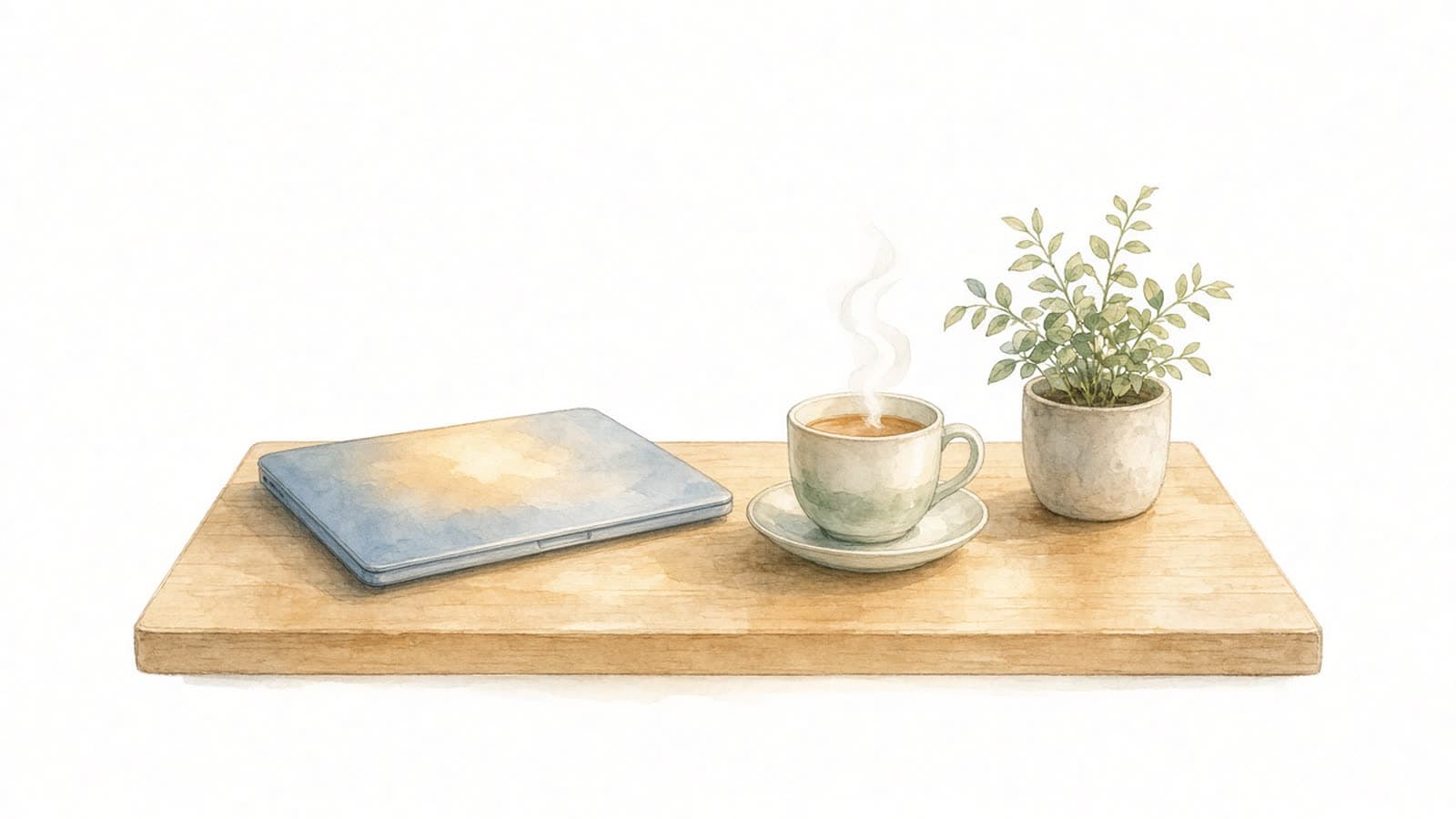 Ilustración en acuarela de una laptop cerrada sobre un escritorio de madera junto a una taza de té humeante y una planta pequeña