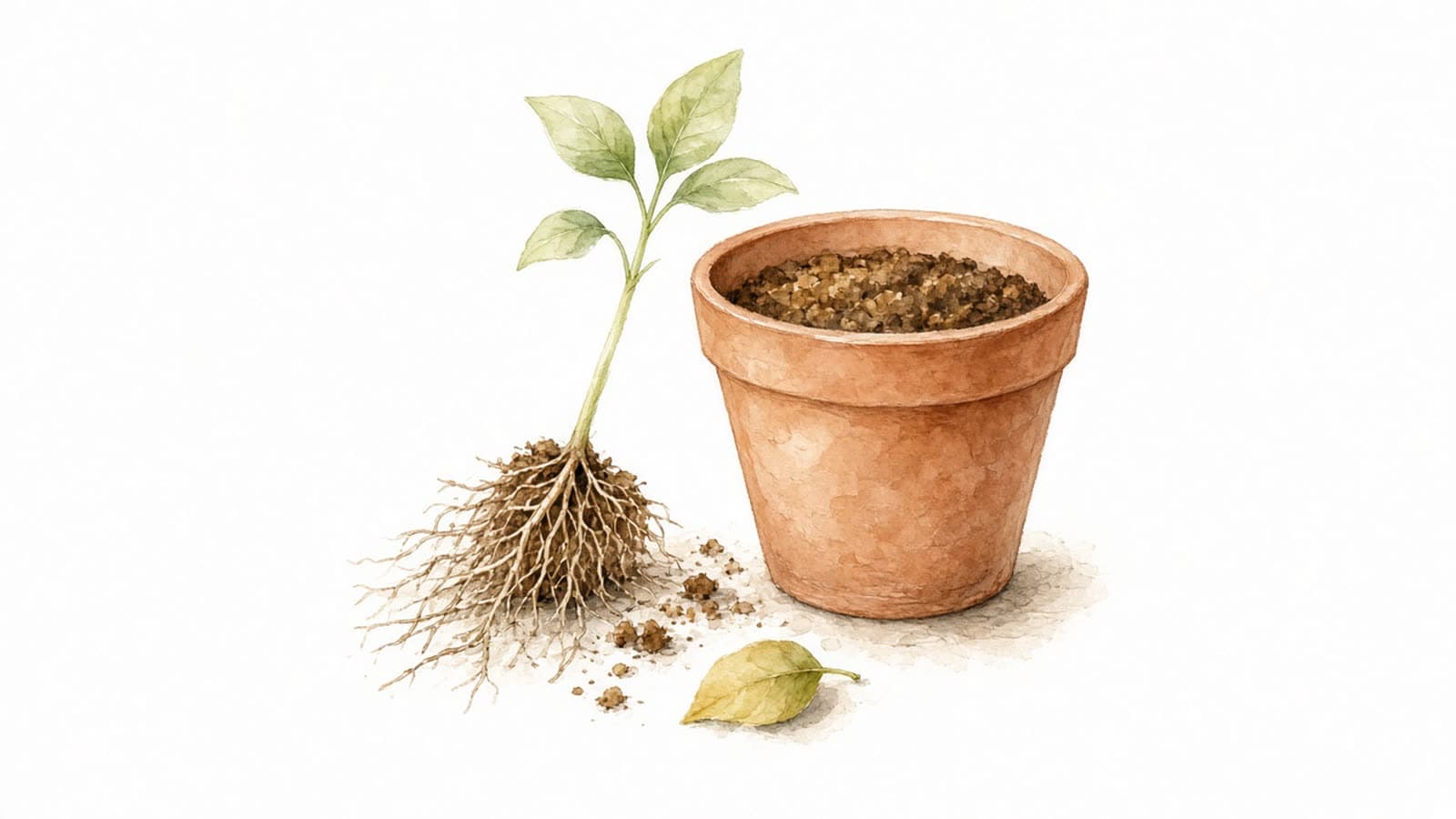 Ilustración en acuarela de una pequeña planta con sus raíces a la vista, lista para pasar a una maceta nueva de barro