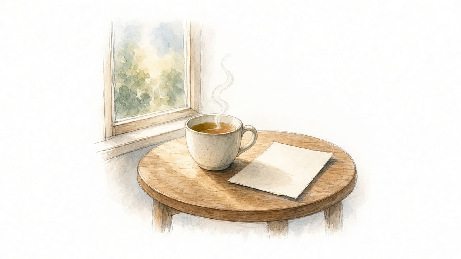 Acuarela de una taza de té humeante junto a una carta doblada sobre una mesa redonda de madera, al lado de una ventana con luz cálida