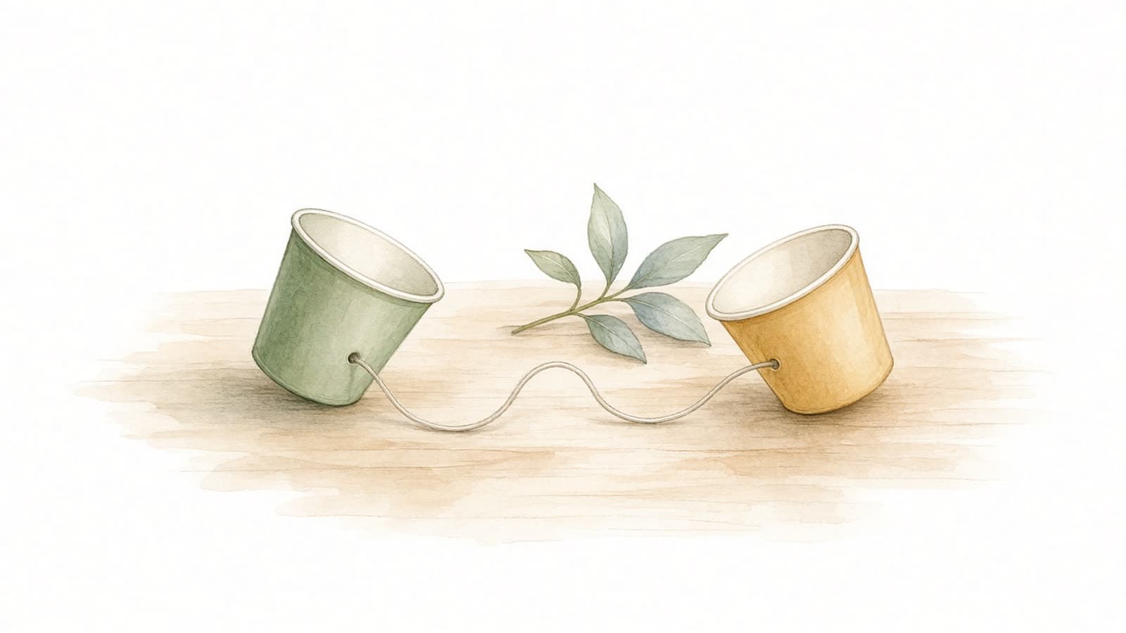 Ilustración en acuarela de dos teléfonos de vaso unidos por un hilo curvo sobre una mesa de madera junto a unas hojas verdes