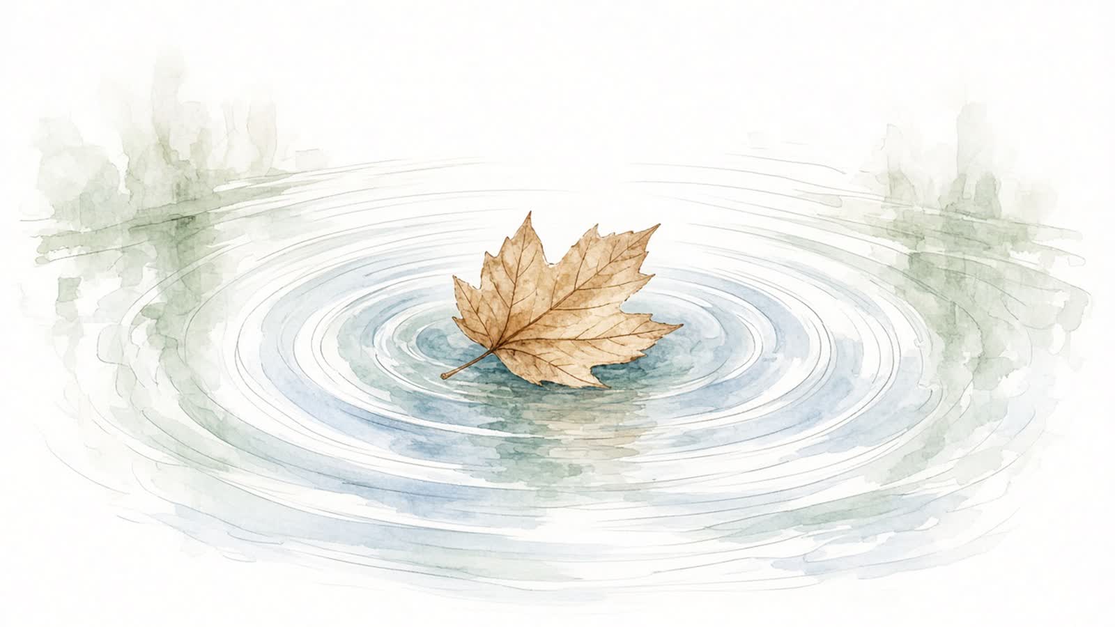 Ilustración en acuarela de una hoja seca sobre un estanque en calma que forma ondas suaves que se extienden hacia la orilla