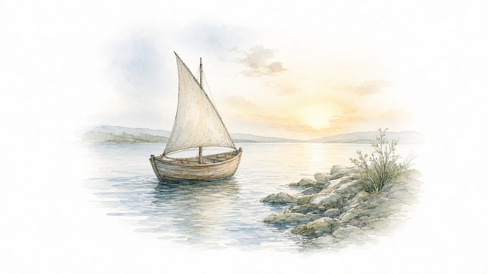 Ilustración en acuarela de una pequeña barca de vela en agua tranquila, cerca de una costa rocosa al amanecer