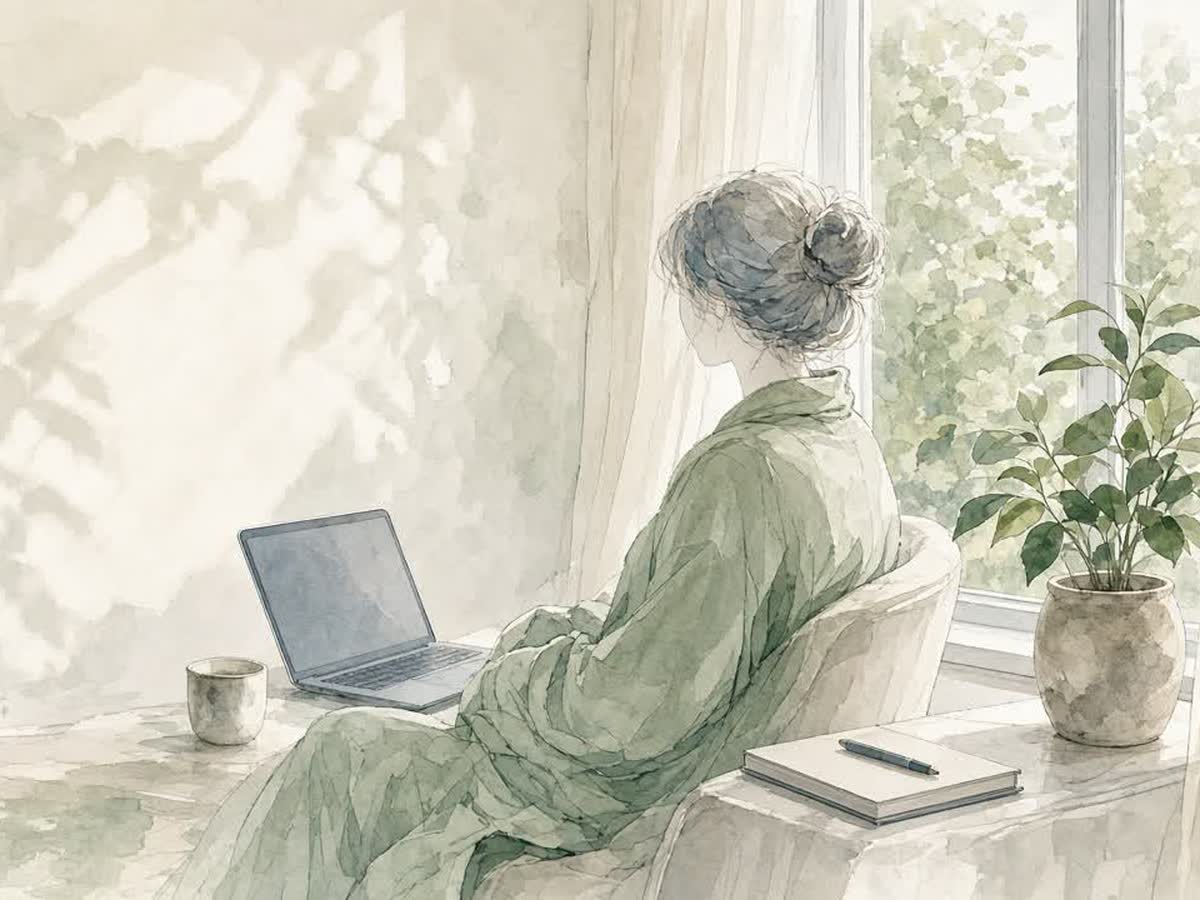Acuarela de una mujer de espaldas en un sillón junto a la ventana, con su laptop, una taza, un cuaderno y una planta en maceta
