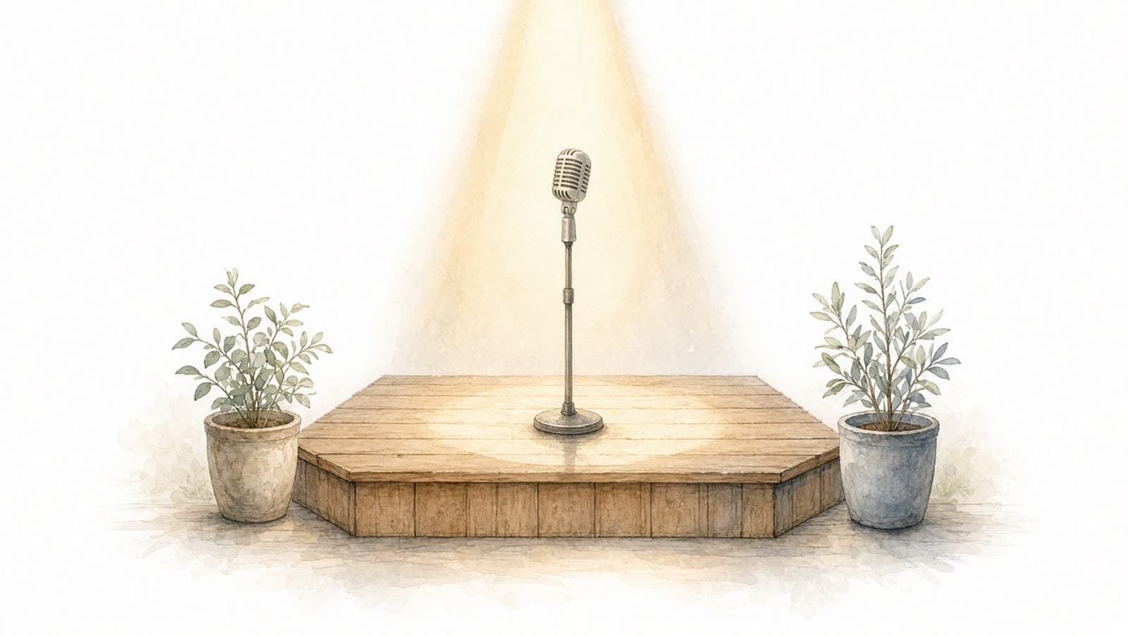 Ilustración en acuarela de un pequeño escenario de madera vacío con un micrófono antiguo bajo una luz cálida y plantas a los lados
